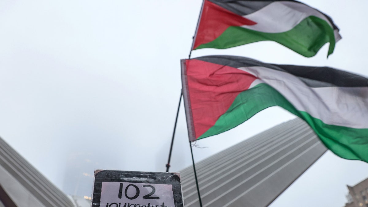 Palestinian flags in front of the World Trade Center