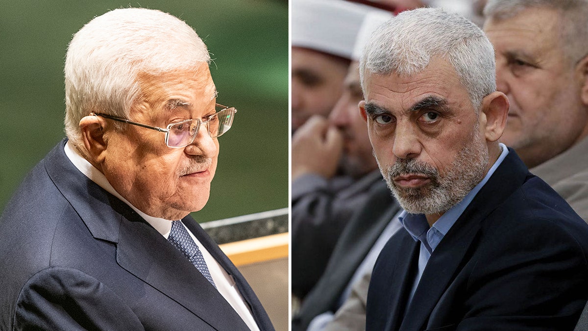 Split image of Mahmoud Abbas, President of the State of Palestine and Hamas leader Yahya Sinwar