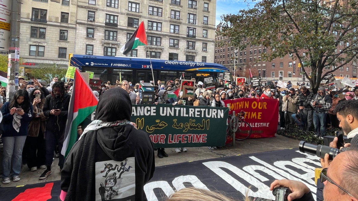 student groups hold pro-palestinian rally outside columbia