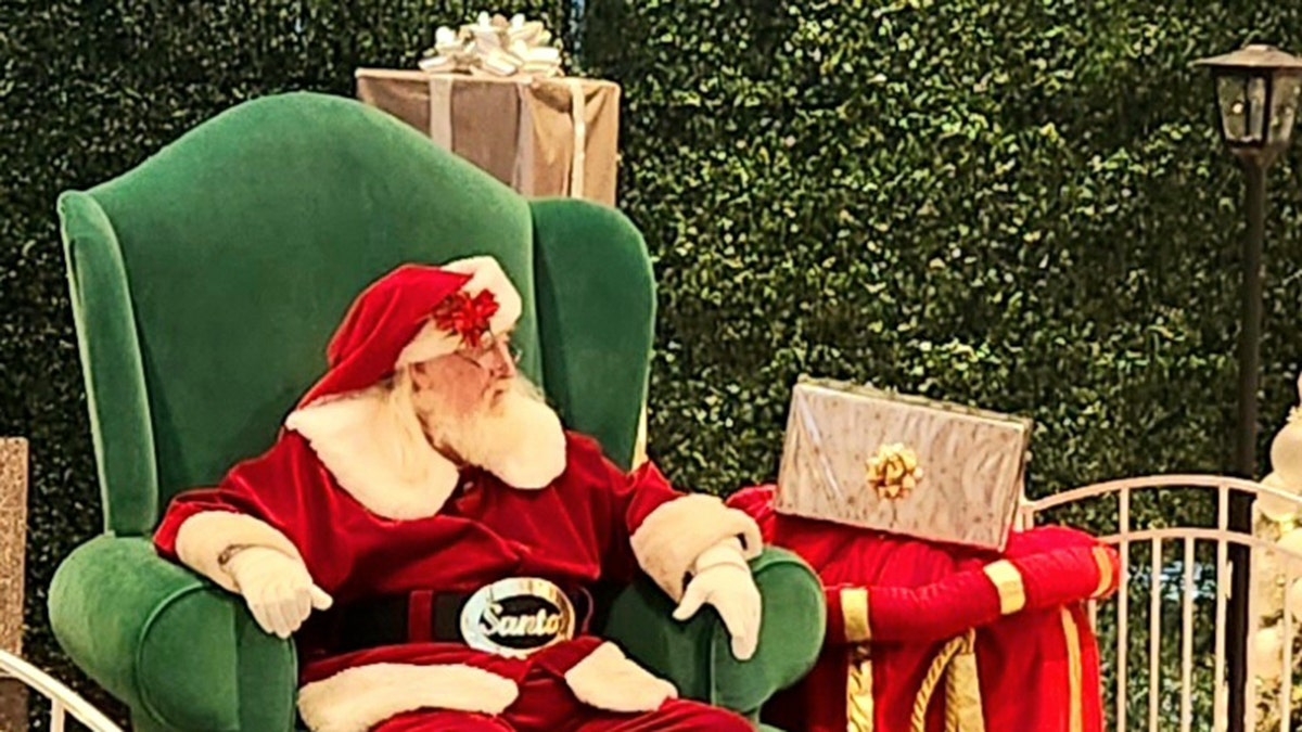 Santa Claus sitting in a big green chair looking to his right, in front of bushes, next to Christmas decor