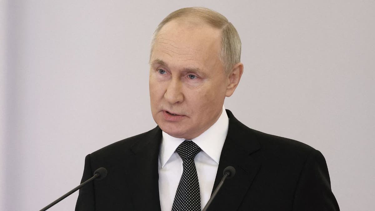 An image of Russian President Vladimir Putin speaking
