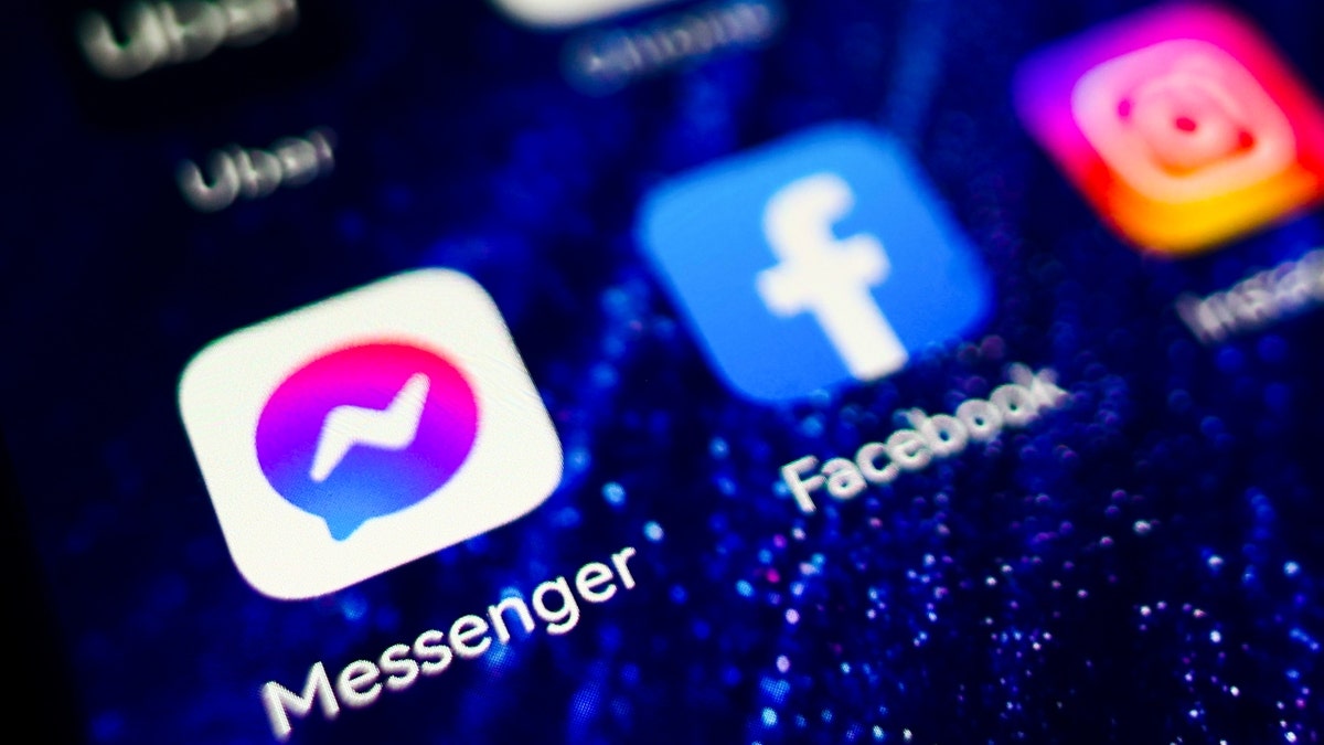 Messenger and Facebook app logos are displayed on a mobile phone