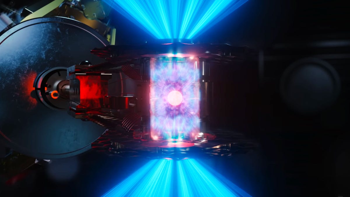 An illustration of laser light producing X-rays to initiate a fusion reaction at the National Ignition Facility