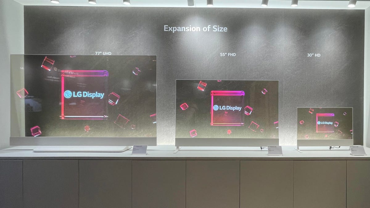 Three potential sizes and resolutions for LG's transparent OLED televisions.