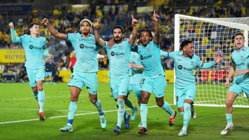 LAS PALMAS, SPAIN - JANUARY 04: Ilkay Gundogan of FC Barcelona celebrates with teammates after scoring their team's second goal from a penalty during the LaLiga EA Sports match between UD Las Palmas and FC Barcelona at Estadio Gran Canaria on January 04, 2024 in Las Palmas, Spain. (Photo by Angel Martinez/Getty Images)