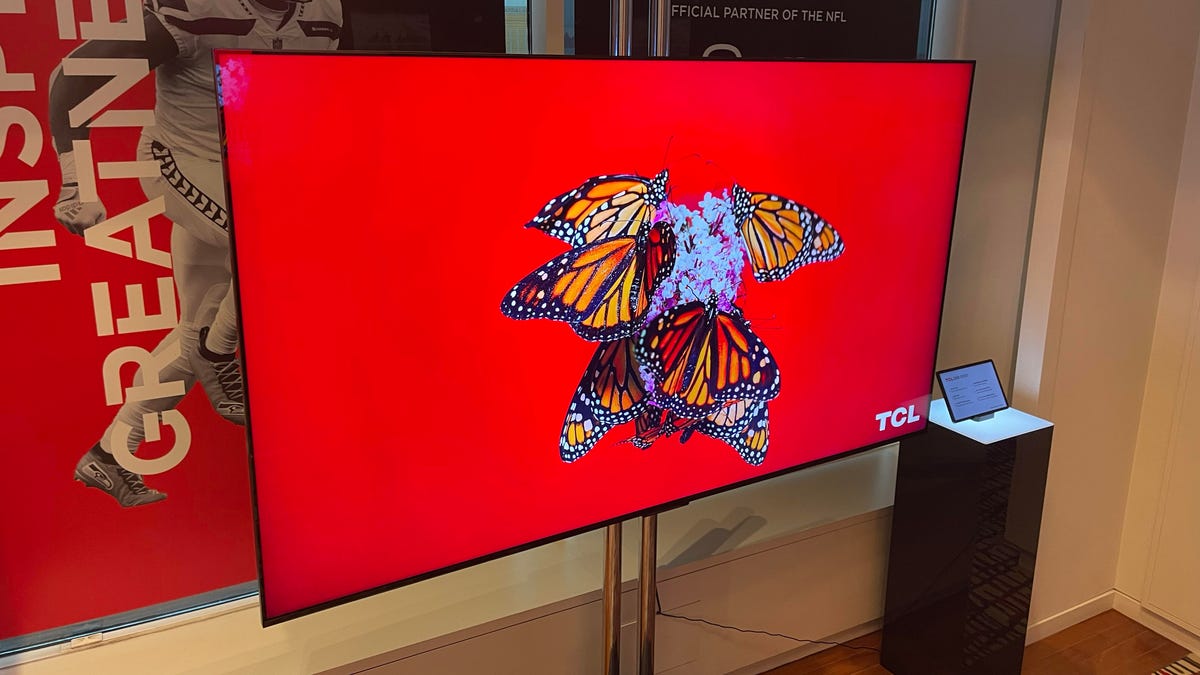 The TCL QM851 on a stand.