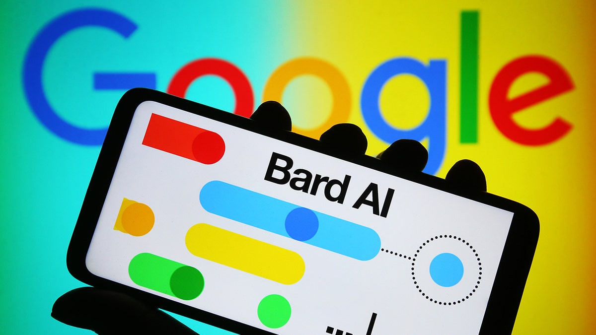 google bard AI logo on phone, google logo in background