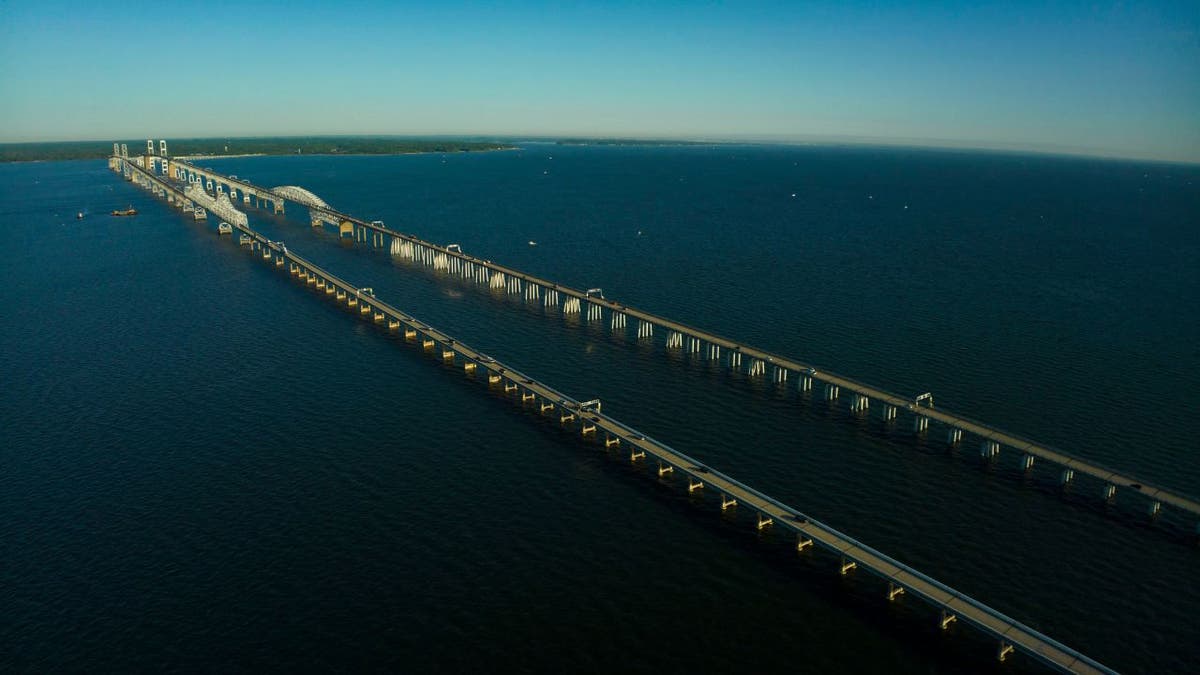 An aerial shot of Chesapeake Bay Bridge to Eastern Shore Maryland