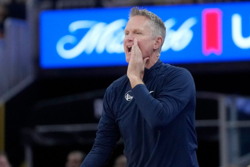 Golden State Warriors coach Steve Kerr yells to players during the second half of the team's NBA basketball game against the Detroit Pistons in San Francisco, Friday, Jan. 5, 2024.