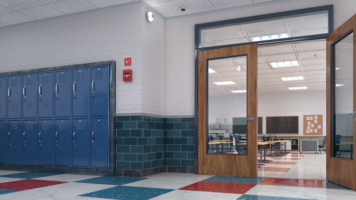 school hallway, lockers on left, open door to class at right