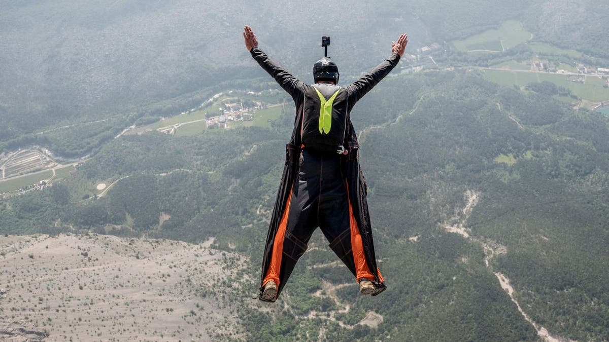 A wingsuit skydiver