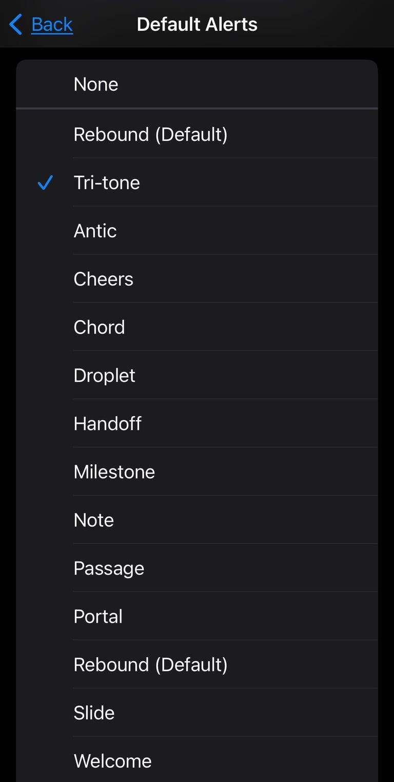 Default alert tone menu on iPhone