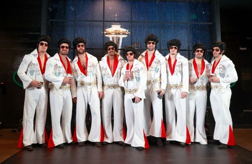 The Las Vegas Golden Knights arrived dressed as Elvis Presley.