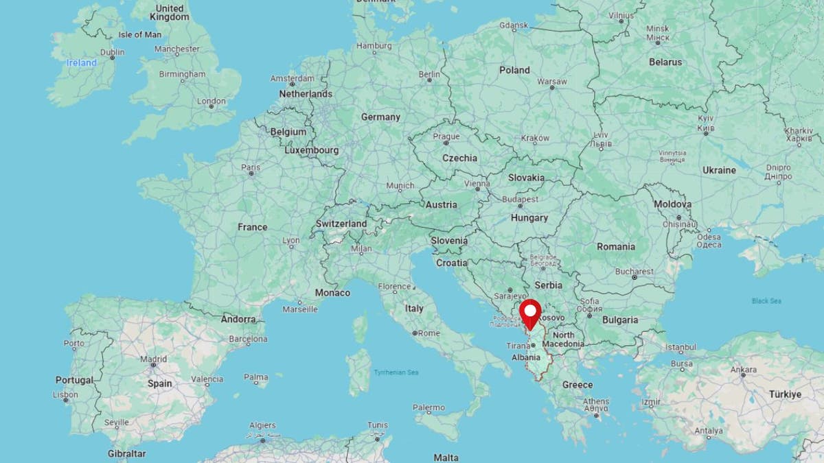 A Google Maps image of Europe pinpointing Albania