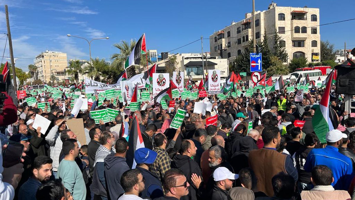 Pro-Palestine protestors march with signs and Palestine flag