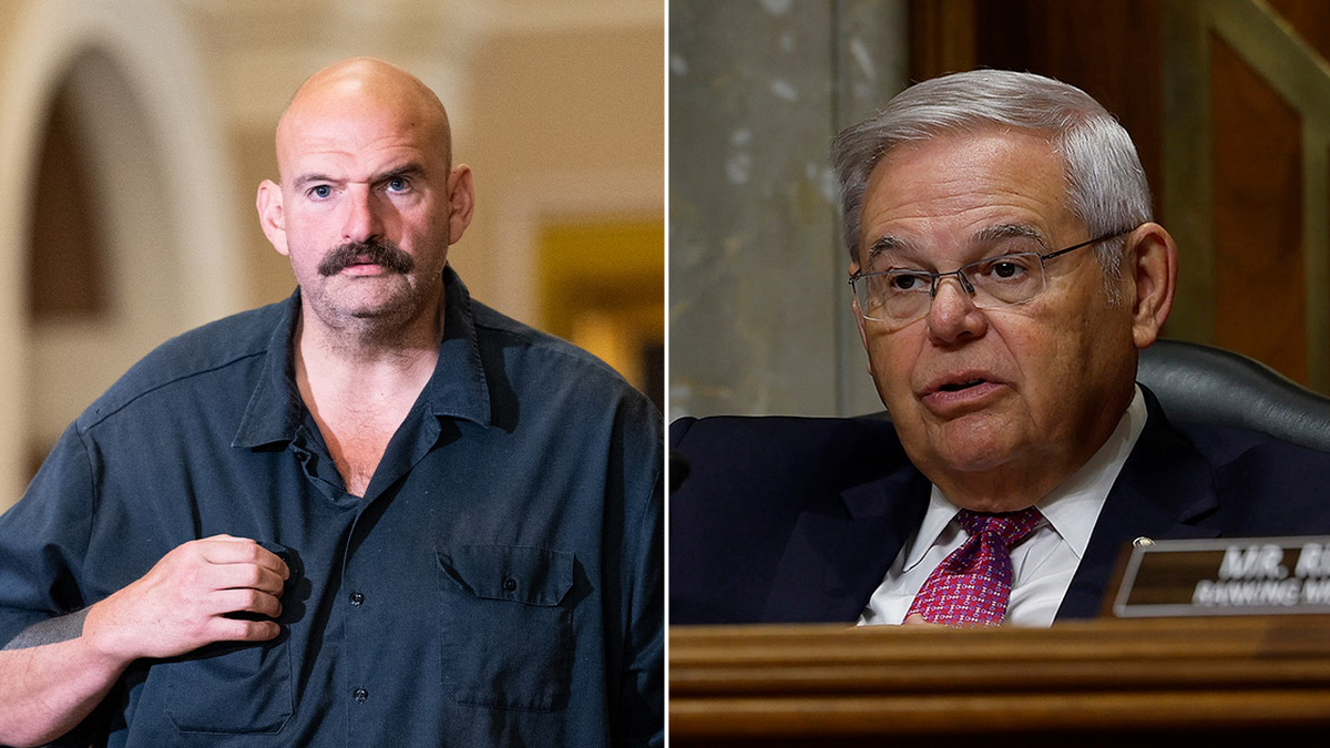 Sen. Fetterman (L) walking in the capitol building with a button down shirt on and Menendez wearing a suit speaking during a committee hearing.