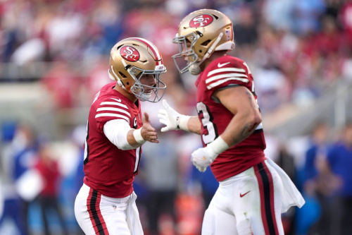 SANTA CLARA, CALIFORNIA - SEPTEMBER 21: Brock Purdy #13 and Christian McCaffrey #23 of the San Francisco 49ers celebrate a play against the New York Giants during the second quarter in the game at Levi's Stadium on September 21, 2023 in Santa Clara, California. (Photo by Thearon W. Henderson/Getty Images)