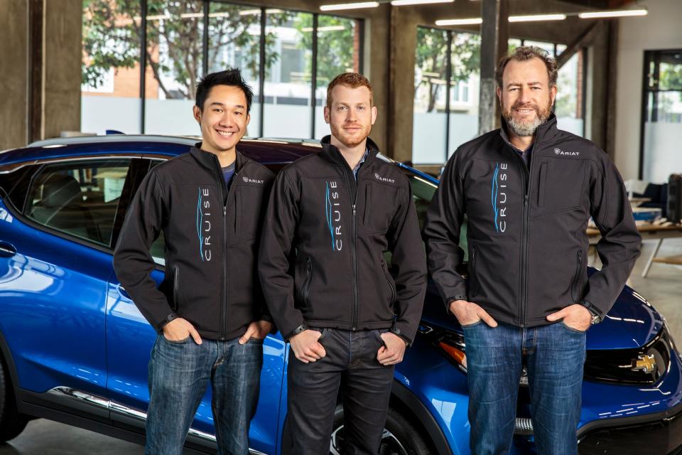 Former GM President Dan Ammann (right) with Cruise co-founders Kyle Vogt (center) and Daniel Kan. Vogt and Kan have resigned from Cruise following an Oct. 2, 2023 accident involving a Cruise self-driving car and a pedestrian.