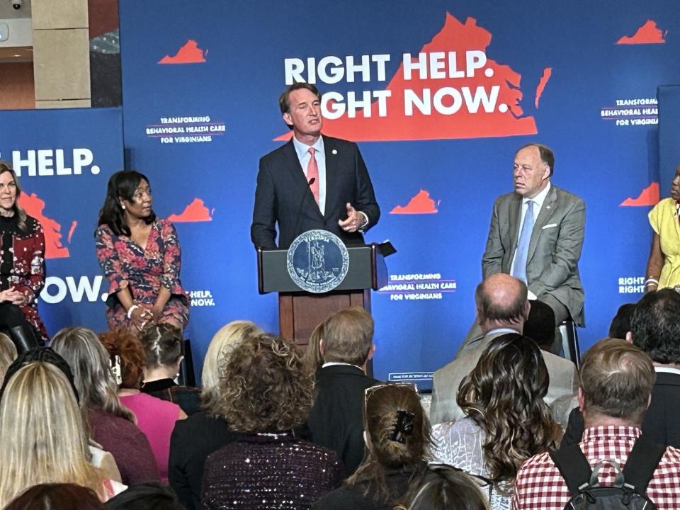 Gov. Glenn Youngkin speaks at an event promoting the next round of legislation in his 'Right Help. Right Now.' mental-health initiative Thursday, Dec. 14, 2023, at the Library of Virginia in Richmond.