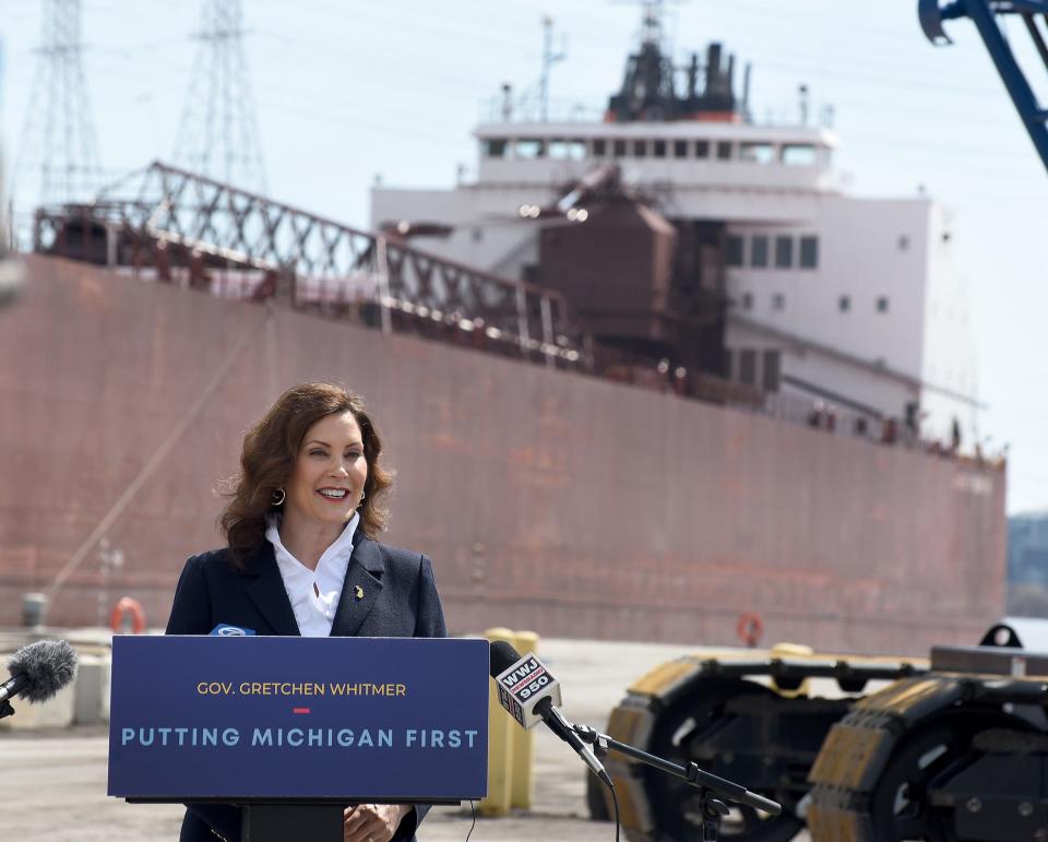 Gov. Gretchen Whitmer addressed the local leaders, Port of Monroe staff and others Monday, April 3, 2023 after touring the Port of Monroe which will become the first port in Michigan to build a container terminal after receiving a $5 million grant from the state and additional funding from the federal government. The MV James R. Barker is an American bulk carrier that operates on the upper four North American Great Lakes was docked at the Port of Monroe.
