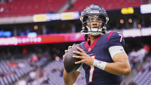 HOUSTON, TX - DECEMBER 03: C.J. Stroud #7 of the Houston Texans warms up before kickoff against the Denver Broncos at NRG Stadium on December 3, 2023 in Houston, Texas. (Photo by Cooper Neill/Getty Images)