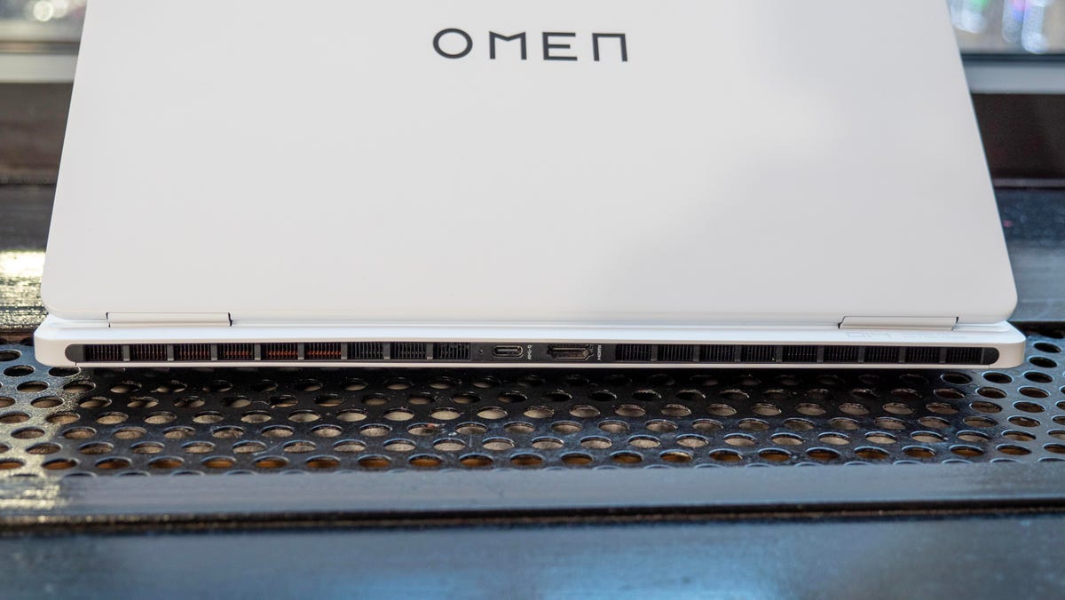 The rear vents of the Omen Transcend 14 gaming laptop.