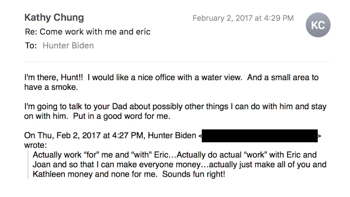Hunter Biden tells Kathy Chung she should work for him in February 2017, adding that he can "make everyone money."