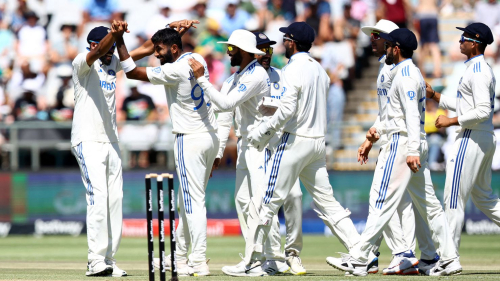 Cricket - Second Test - South Africa v India - Newlands Cricket Ground, Cape Town, South Africa - January 4, 2024 India's Jasprit Bumrah celebrates taking the wicket of South Africa's Marco Jansen REUTERS/Esa Alexander