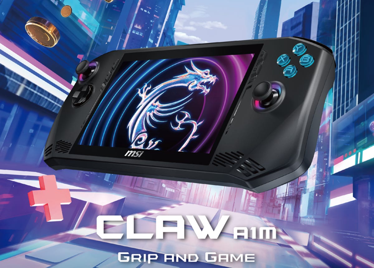 A gaming handheld made by MSI, with a colorful blue background