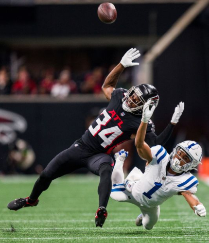 Indianapolis Colts wide receiver Josh Downs can't make the catch as Atlanta Falcons cornerback Clark Phillips III defends. The Falcons won 29-10.