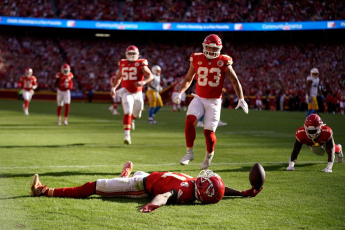 Teammates run to Kansas City Chiefs wide receiver Marquez Valdes-Scantling as he celebrates his touchdown during the game against the Los Angeles Chargers. The Chiefs won 31-17.