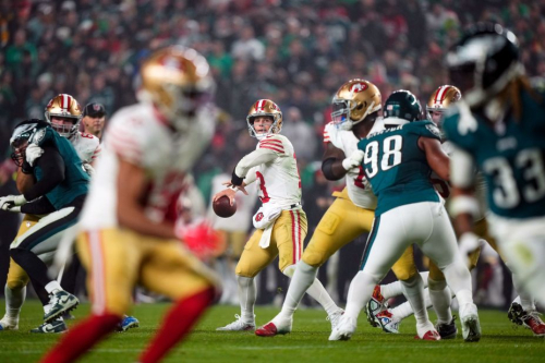 San Francisco 49ers quarterback Brock Purdy looks to pass during the 49ers' 42-19 victory over the Philadelphia Eagles on Sunday, December 3.