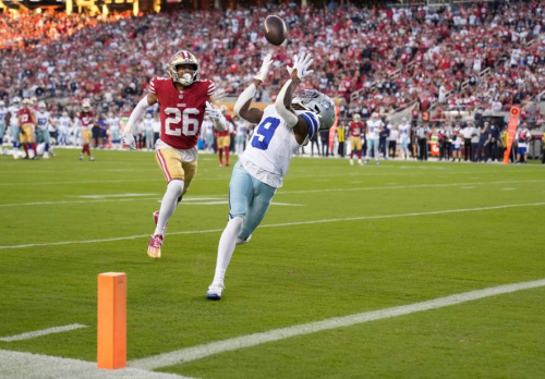 KaVontae Turpin of the Dallas Cowboys catches a touchdown pass during the second quarter of the Cowboys' 42-10 loss the San Francisco 49ers at Levi's Stadium.