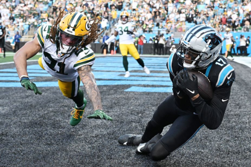 Carolina Panthers wide receiver DJ Chark Jr. scores a touchdown to tie the game during the fourth quarter against the Green Bay Packers. The Packers beat the Panthers 33-30 after a successful field goal in the final moments.
