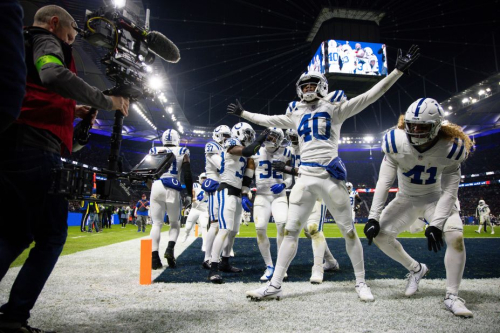Indianapolis Colts safety Julian Blackmon celebrates with teammates after intercepting the ball during the Colts' 10-6 victory over the New England Patriots in Frankfurt, Germany, on November 12. 