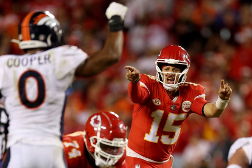 Kansas City Chiefs quarterback Patrick Mahomes calls a play during the Chiefs' 19-8 Thursday Night Football win over the Denver Broncos on October 12.