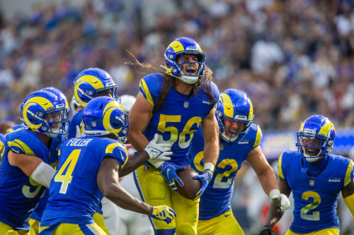 Los Angeles Rams linebacker Christian Rozeboom celebrates his interception during the Rams' 26-9 victory over the Arizona Cardinals.