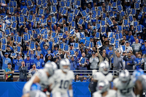Detroit Lions fans cheer on a third down play during the Lions' 26-14 Monday Night Football victory over the Las Vegas Raiders on October 30.
