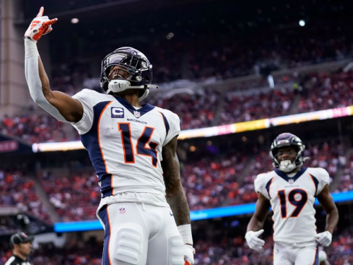 Denver Broncos wide receiver Courtland Sutton celebrates after catching a 45-yard touchdown pass. The Broncos lost to the Houston Texans 22-17.