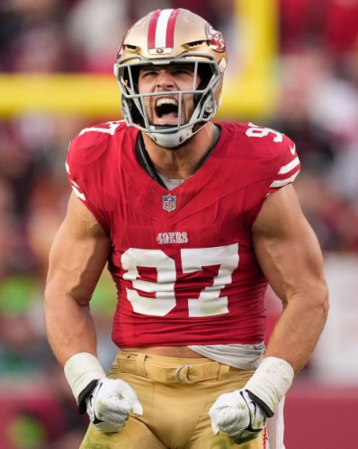 San Francisco 49ers defensive end Nick Bosa celebrates after sacking Seattle Seahawks quarterback Drew Lock. Lock started for the Seahawks on Sunday after veteran Geno Smith was ruled inactive. The 49ers won 28-16.