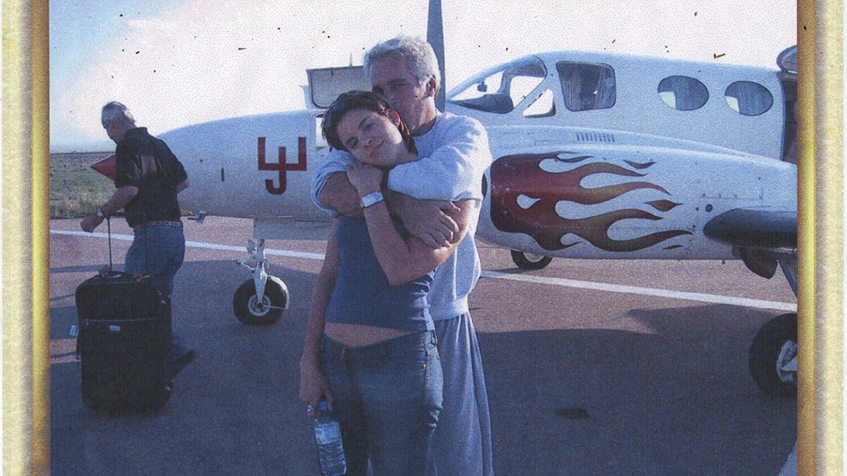 Sarah Kellen and Jeffrey Epstein pose alongside Epstein’s private jet