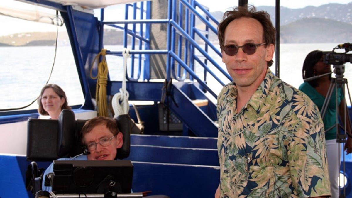 Renowned British theoretical physicist Stephen Hawking seated on a boat near the US Virgin Islands