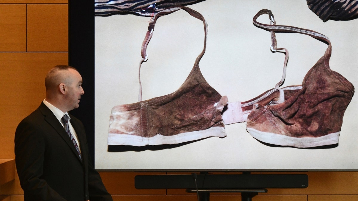 Connecticut State Police Sgt. Kevin Duggan shows a blood-like stain found on a bra seized from a trash can on Albany Avenue in Hartford on day eight of Michelle Troconis' criminal trial at Connecticut Superior Court in Stamford, Conn. Tuesday, Jan. 23, 2024. 