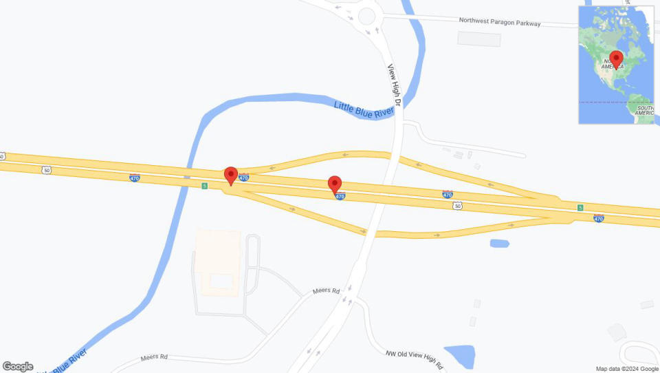 A detailed map that shows the affected road due to 'Broken down vehicle on eastbound I-470 in Kansas City' on January 7th at 4:46 p.m.