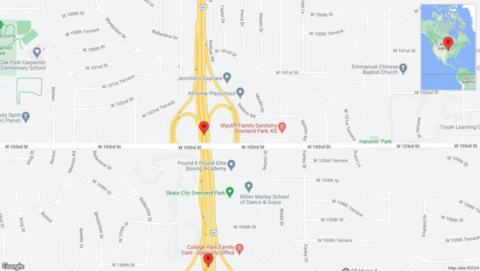 A detailed map that shows the affected road due to 'Lane on US-69 closed in Overland Park' on January 7th at 2:56 p.m.