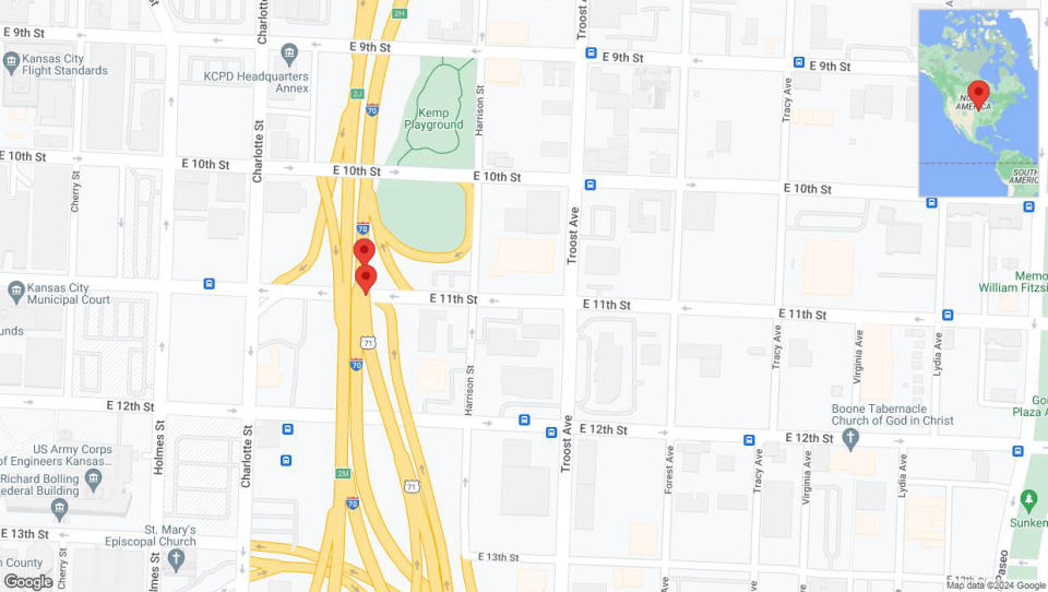 A detailed map that shows the affected road due to 'Broken down vehicle on northbound US-71 North in Kansas City' on January 7th at 1:11 p.m.