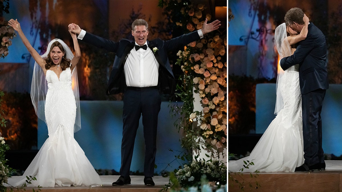 Gerry Turner and Theresa Nist posing with arms in air, split screen with official wedding kiss photo