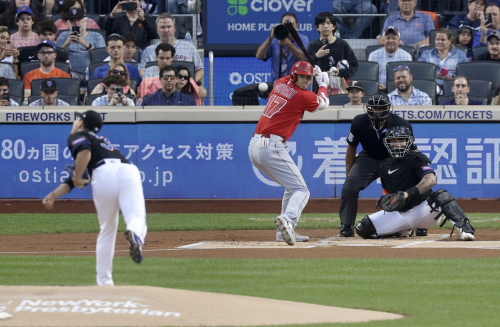 Shohei Ohtani #17 of the Los Angeles Angels bats against Kodai Senga #34 of the New York Mets during the first inning at Citi Field on August 25, 2023 in New York City.