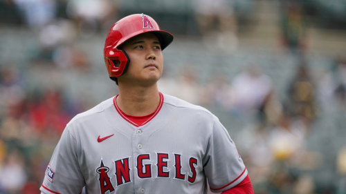 Shohei Ohtani #17 of the Los Angeles Angels looks on during the game between the Los Angeles Angels and the Oakland Athletics at RingCentral Coliseum on Saturday, September 2, 2023 in Oakland, California.