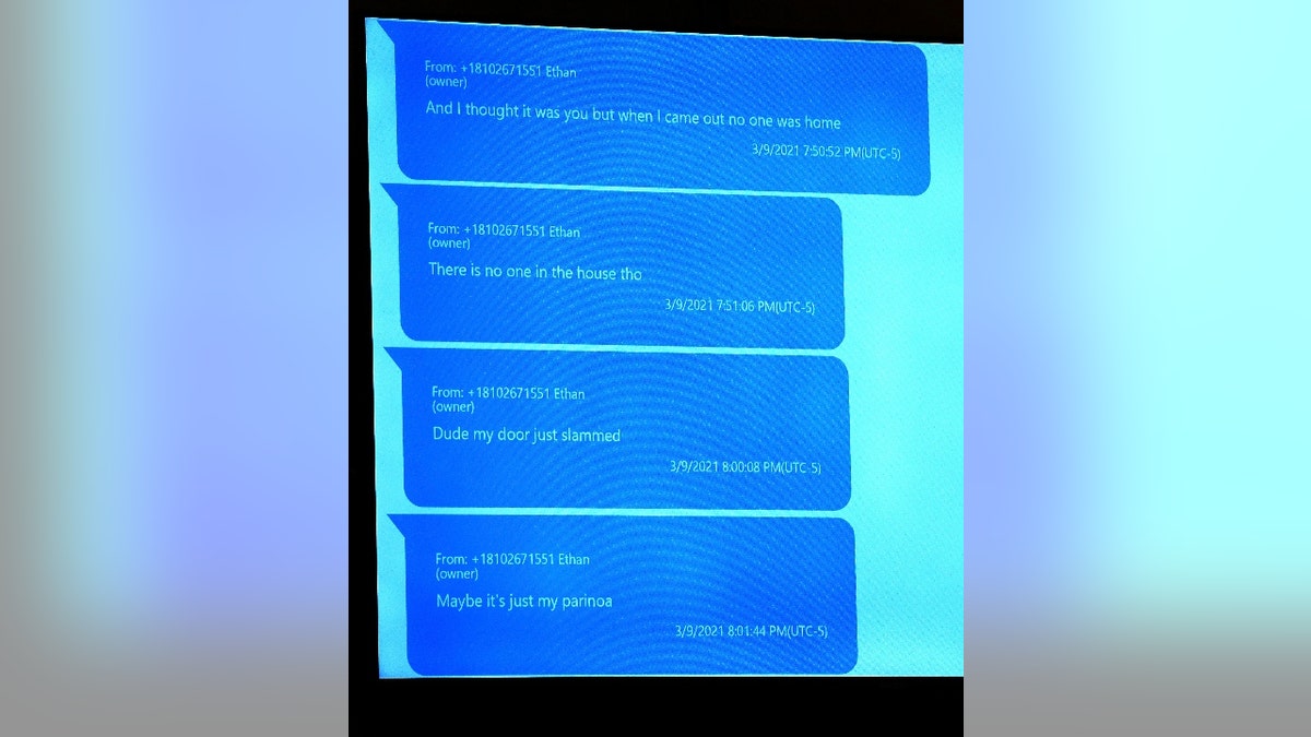 Text messages between Jennifer Crumbley and her son Ethan Crumbley during a period he thought someone was in their home are displayed during Jennifer Crumbley's trial at the Oakland County Courthouse, Friday, Jan. 26, 2024, in Pontiac, Mich. 